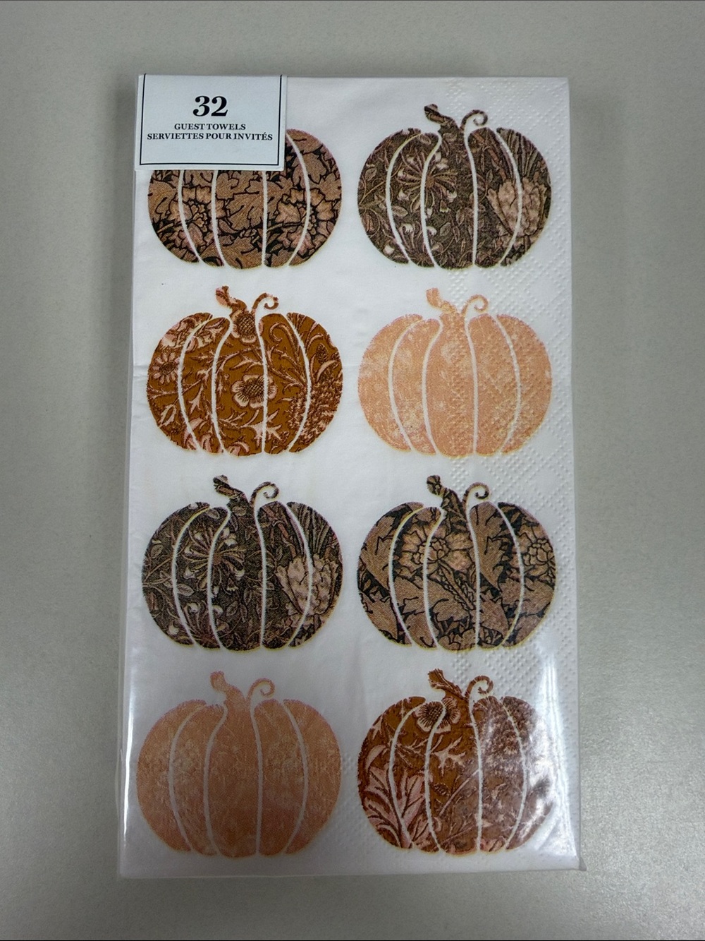 32 White Tan Orange Guest Paper Towel Napkins Fall Harvest Floral Pumpkin Print
